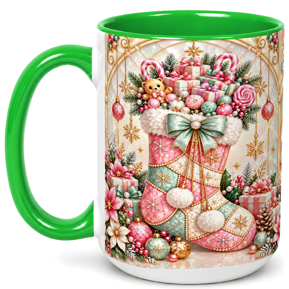 #pl[15oz|Green] Christmas Stocking Coffee Mug, Candy Cane Mug, Ceramic Cup