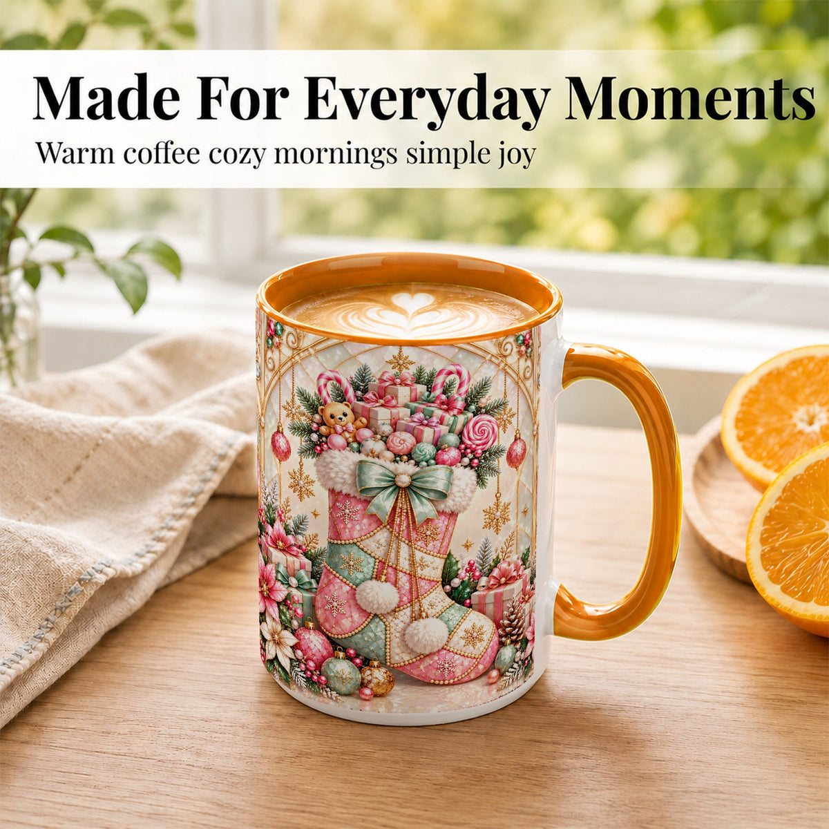 #pl[15oz|Orange] Christmas Stocking Coffee Mug, Candy Cane Mug, Ceramic Cup