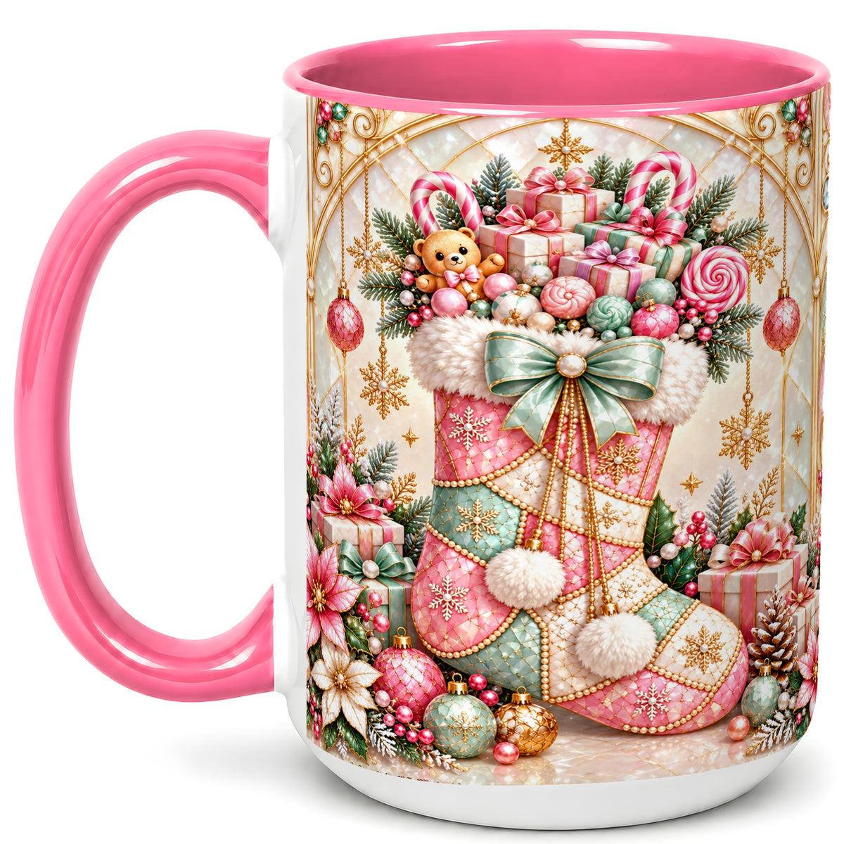 #pl[15oz|Pink] Christmas Stocking Coffee Mug, Candy Cane Mug, Ceramic Cup