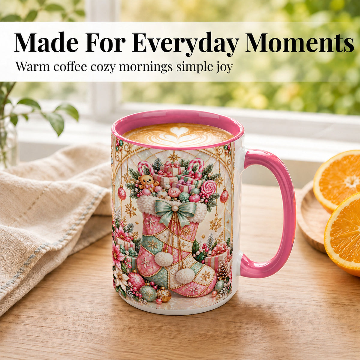 #pl[15oz|Pink] Christmas Stocking Coffee Mug, Candy Cane Mug, Ceramic Cup
