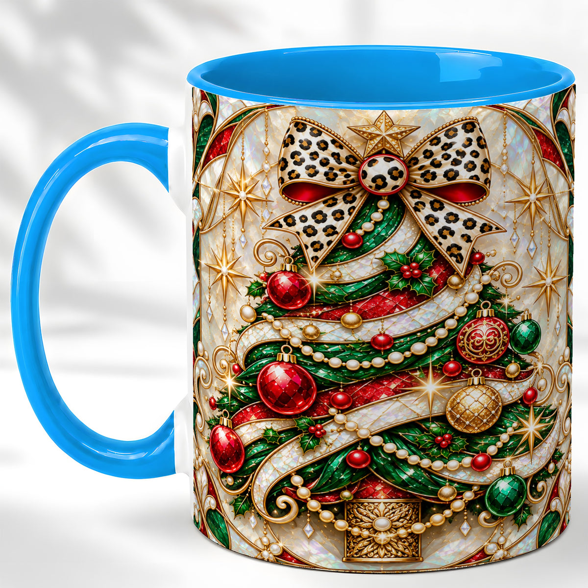 #pl[11oz|Blue] Christmas Tree Coffee Mug, Leopard Bow Mug, Ceramic Cup