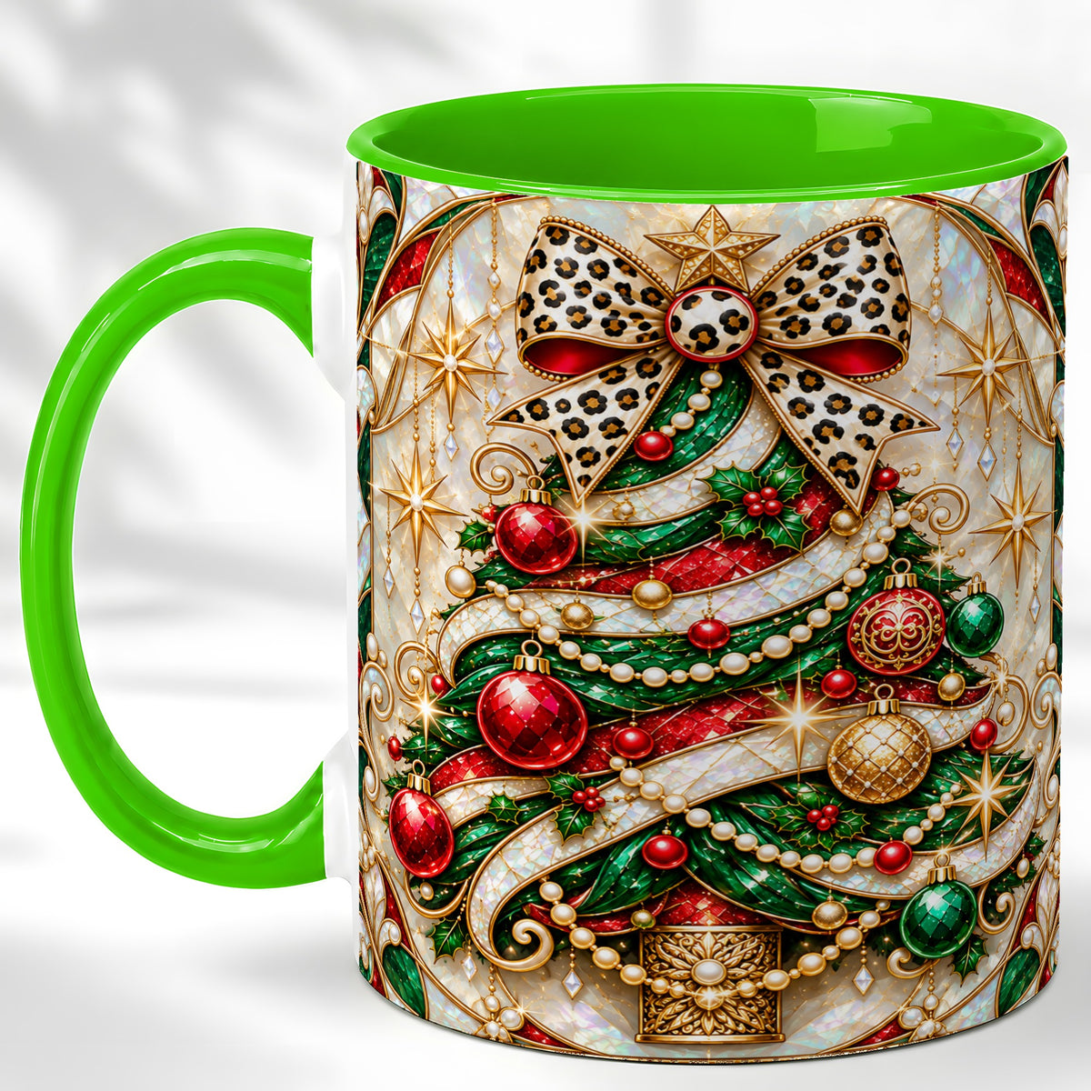 #pl[11oz|Green] Christmas Tree Coffee Mug, Leopard Bow Mug, Ceramic Cup