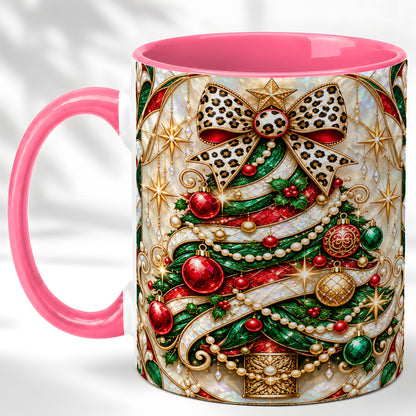 #pl[11oz|Pink] Christmas Tree Coffee Mug, Leopard Bow Mug, Ceramic Cup