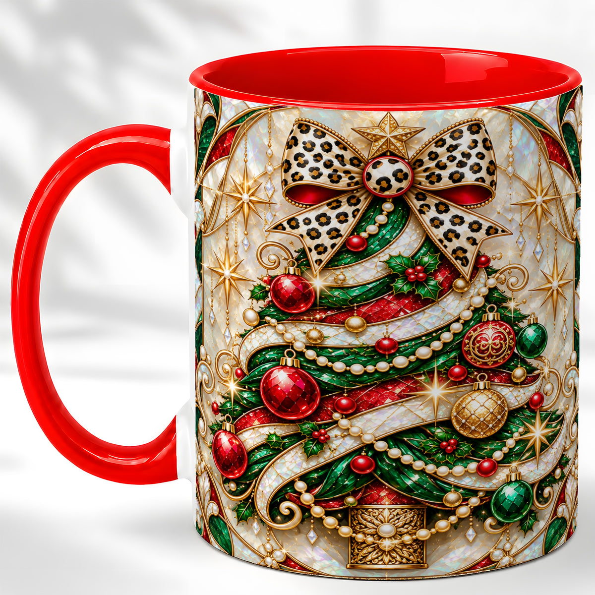 Christmas Tree Coffee Mug, Leopard Bow Mug, Ceramic Cup
