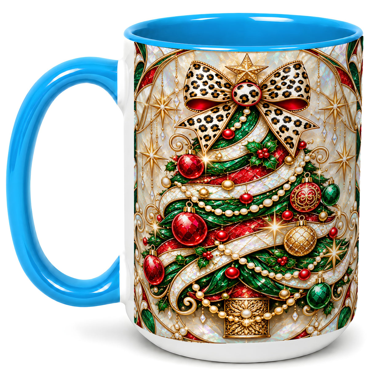 #pl[15oz|Blue] Christmas Tree Coffee Mug, Leopard Bow Mug, Ceramic Cup