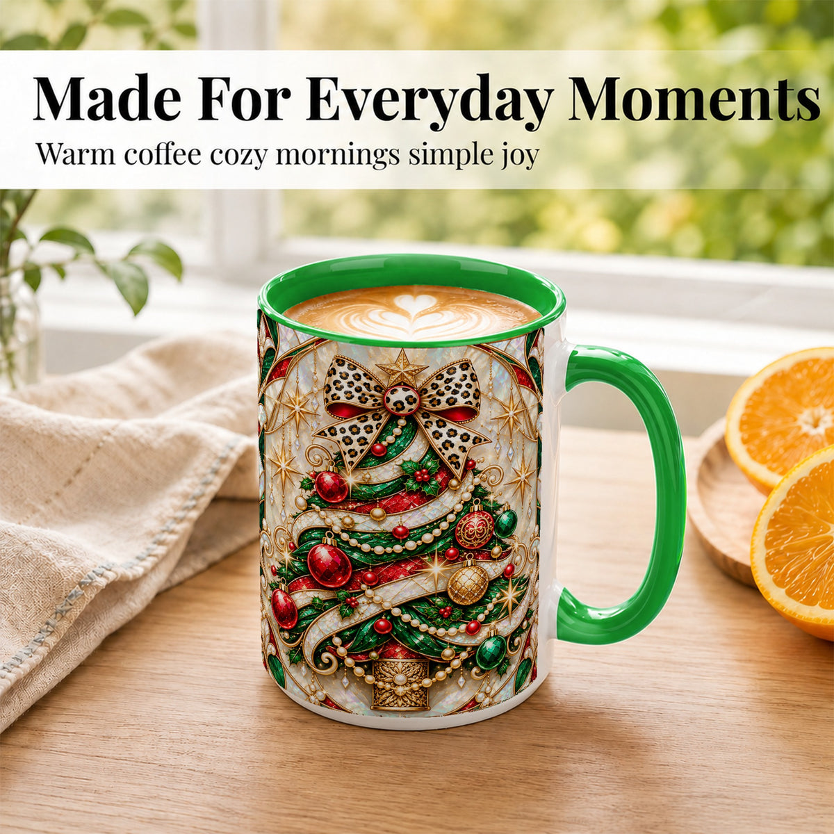 #pl[15oz|Green] Christmas Tree Coffee Mug, Leopard Bow Mug, Ceramic Cup