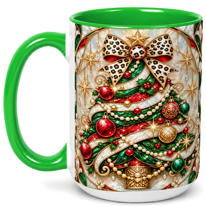 #pl[15oz|Green] Christmas Tree Coffee Mug, Leopard Bow Mug, Ceramic Cup