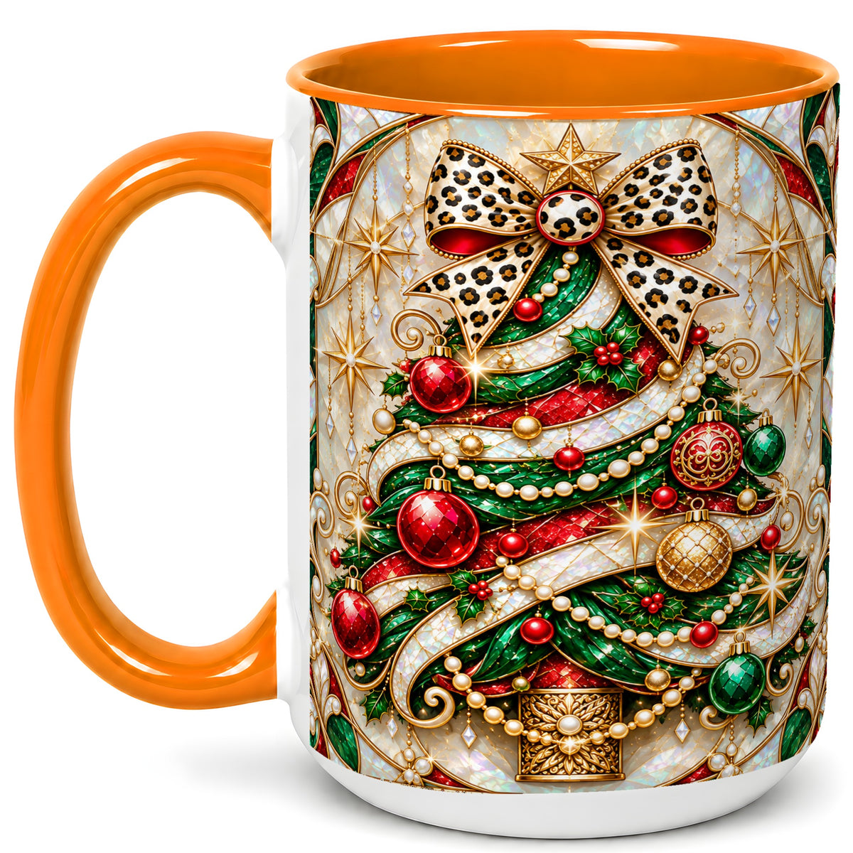 #pl[15oz|Orange] Christmas Tree Coffee Mug, Leopard Bow Mug, Ceramic Cup