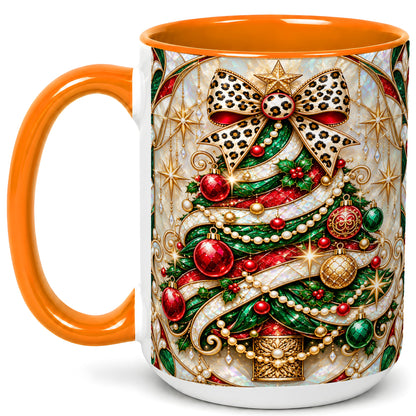 #pl[15oz|Orange] Christmas Tree Coffee Mug, Leopard Bow Mug, Ceramic Cup