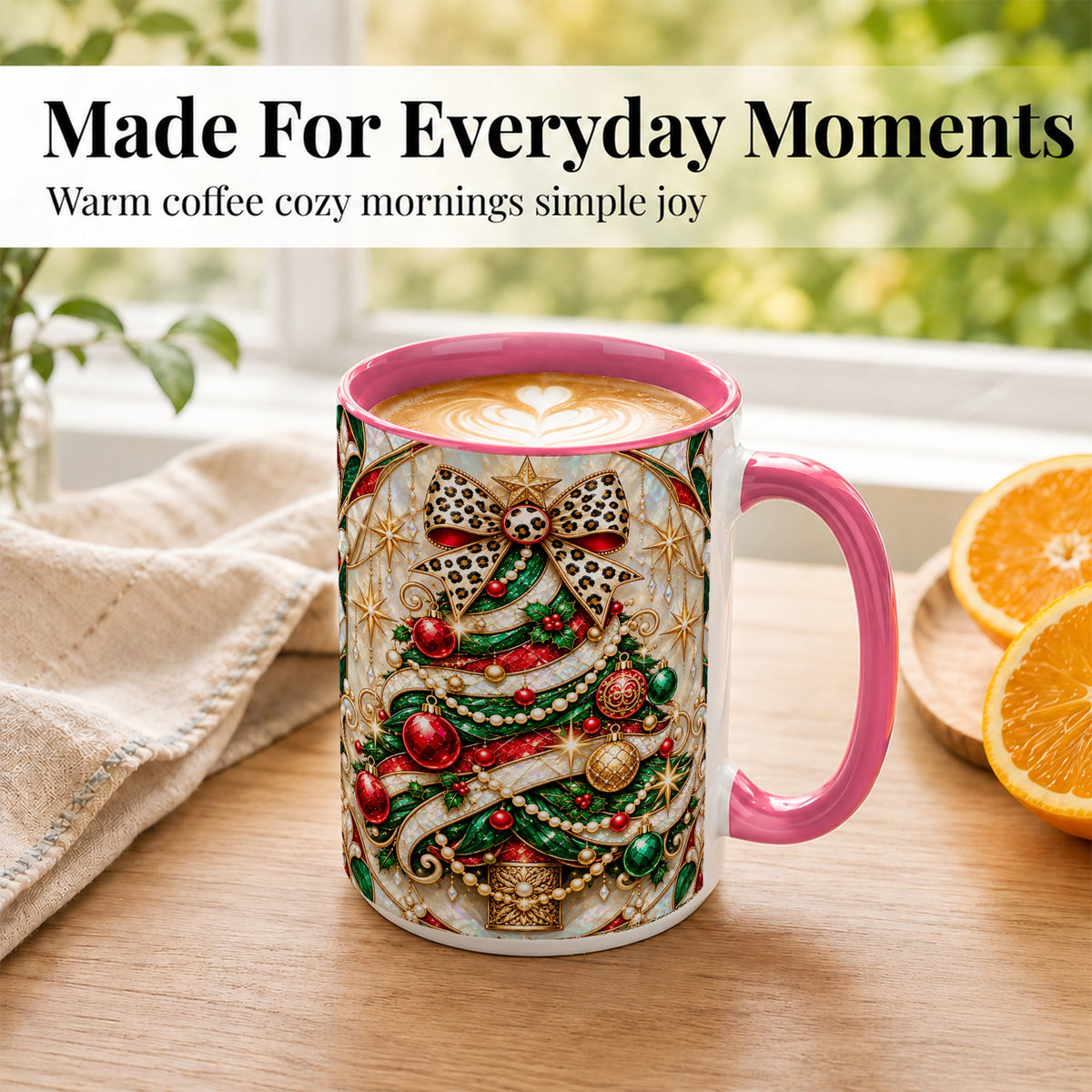 #pl[15oz|Pink] Christmas Tree Coffee Mug, Leopard Bow Mug, Ceramic Cup