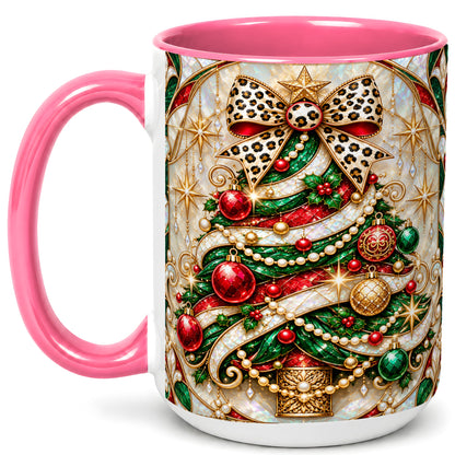 #pl[15oz|Pink] Christmas Tree Coffee Mug, Leopard Bow Mug, Ceramic Cup