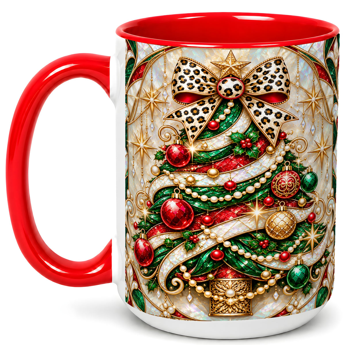 #pl[15oz|Red] Christmas Tree Coffee Mug, Leopard Bow Mug, Ceramic Cup