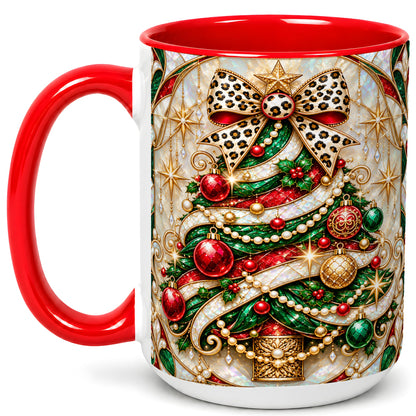 #pl[15oz|Red] Christmas Tree Coffee Mug, Leopard Bow Mug, Ceramic Cup