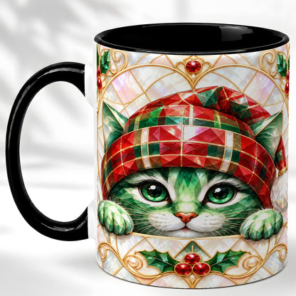 #pl[11oz|Black] Christmas Cat Coffee Mug, Plaid Hat Mug, Ceramic Cup