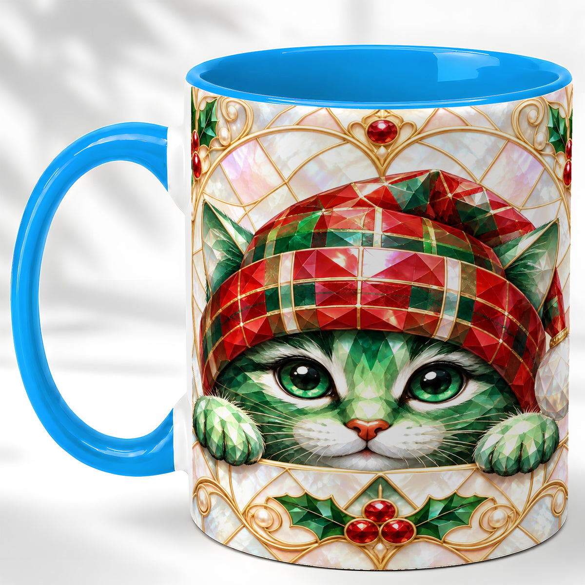 #pl[11oz|Blue] Christmas Cat Coffee Mug, Plaid Hat Mug, Ceramic Cup