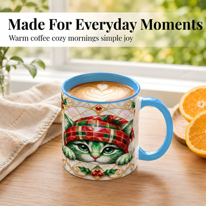 #pl[11oz|Blue] Christmas Cat Coffee Mug, Plaid Hat Mug, Ceramic Cup