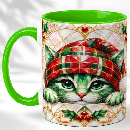 #pl[11oz|Green] Christmas Cat Coffee Mug, Plaid Hat Mug, Ceramic Cup