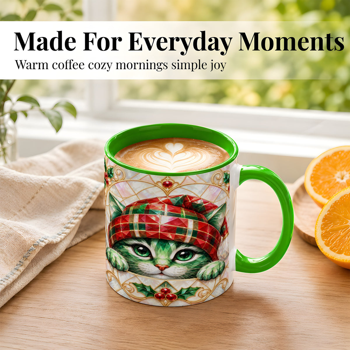 #pl[11oz|Green] Christmas Cat Coffee Mug, Plaid Hat Mug, Ceramic Cup