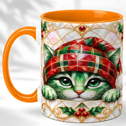 #pl[11oz|Orange] Christmas Cat Coffee Mug, Plaid Hat Mug, Ceramic Cup