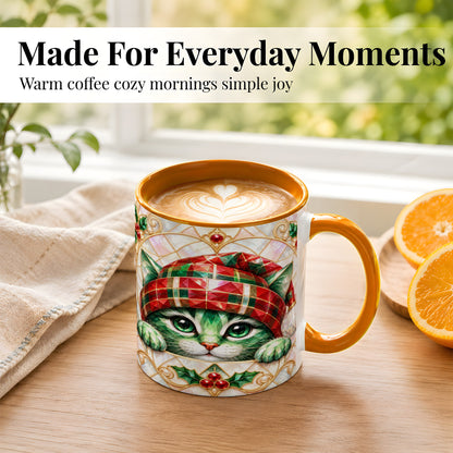 #pl[11oz|Orange] Christmas Cat Coffee Mug, Plaid Hat Mug, Ceramic Cup