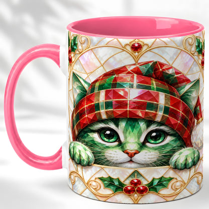 #pl[11oz|Pink] Christmas Cat Coffee Mug, Plaid Hat Mug, Ceramic Cup
