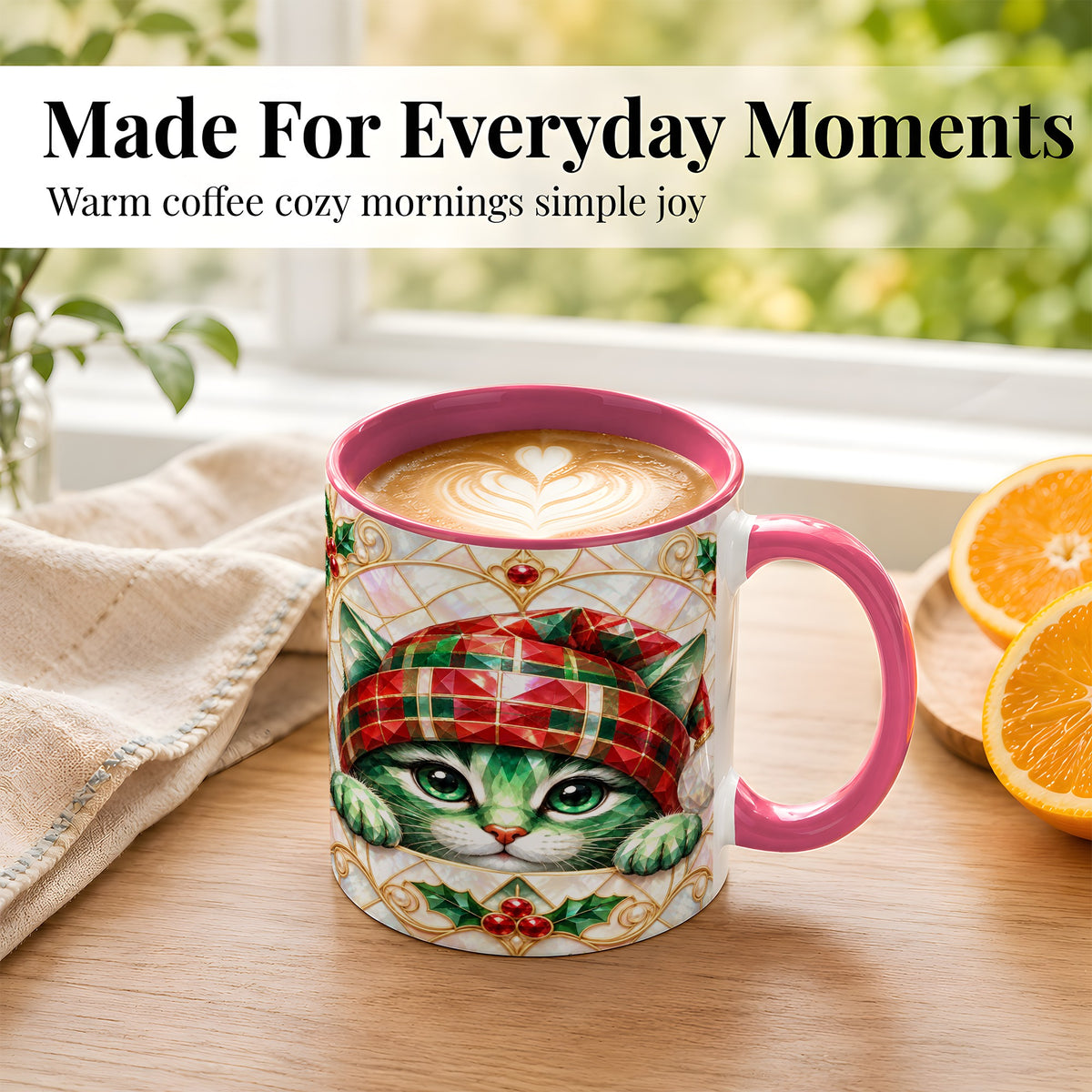 #pl[11oz|Pink] Christmas Cat Coffee Mug, Plaid Hat Mug, Ceramic Cup