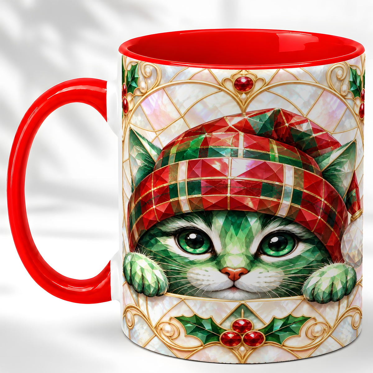 Christmas Cat Coffee Mug, Plaid Hat Mug, Ceramic Cup