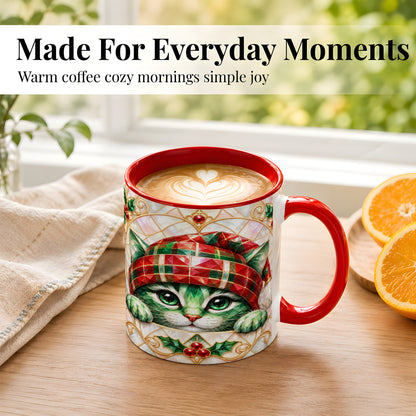 #pl[11oz|Red] Christmas Cat Coffee Mug, Plaid Hat Mug, Ceramic Cup