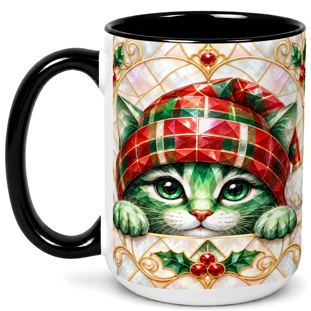 #pl[15oz|Black] Christmas Cat Coffee Mug, Plaid Hat Mug, Ceramic Cup