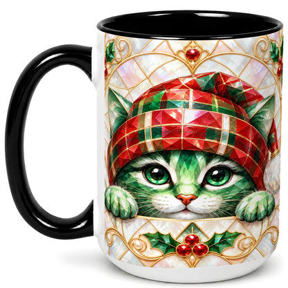 #pl[15oz|Black] Christmas Cat Coffee Mug, Plaid Hat Mug, Ceramic Cup