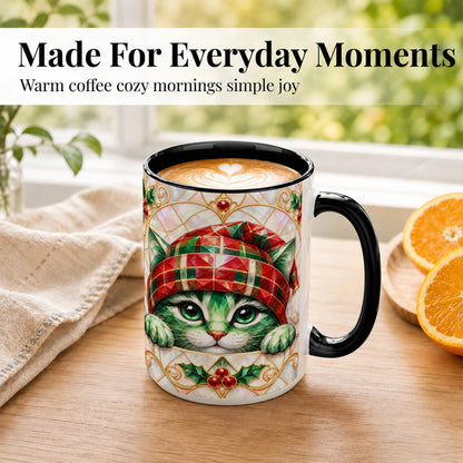 #pl[15oz|Black] Christmas Cat Coffee Mug, Plaid Hat Mug, Ceramic Cup