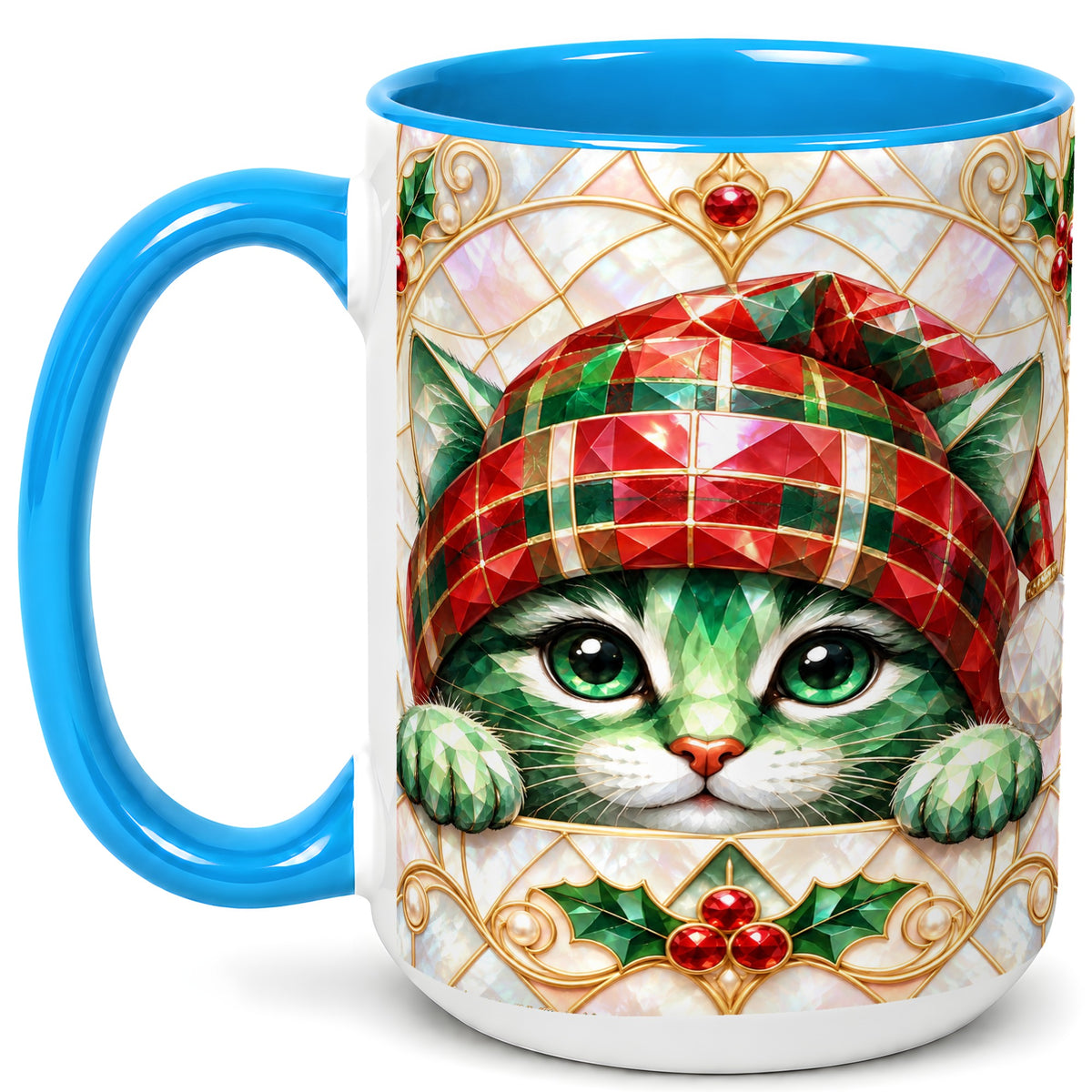 #pl[15oz|Blue] Christmas Cat Coffee Mug, Plaid Hat Mug, Ceramic Cup