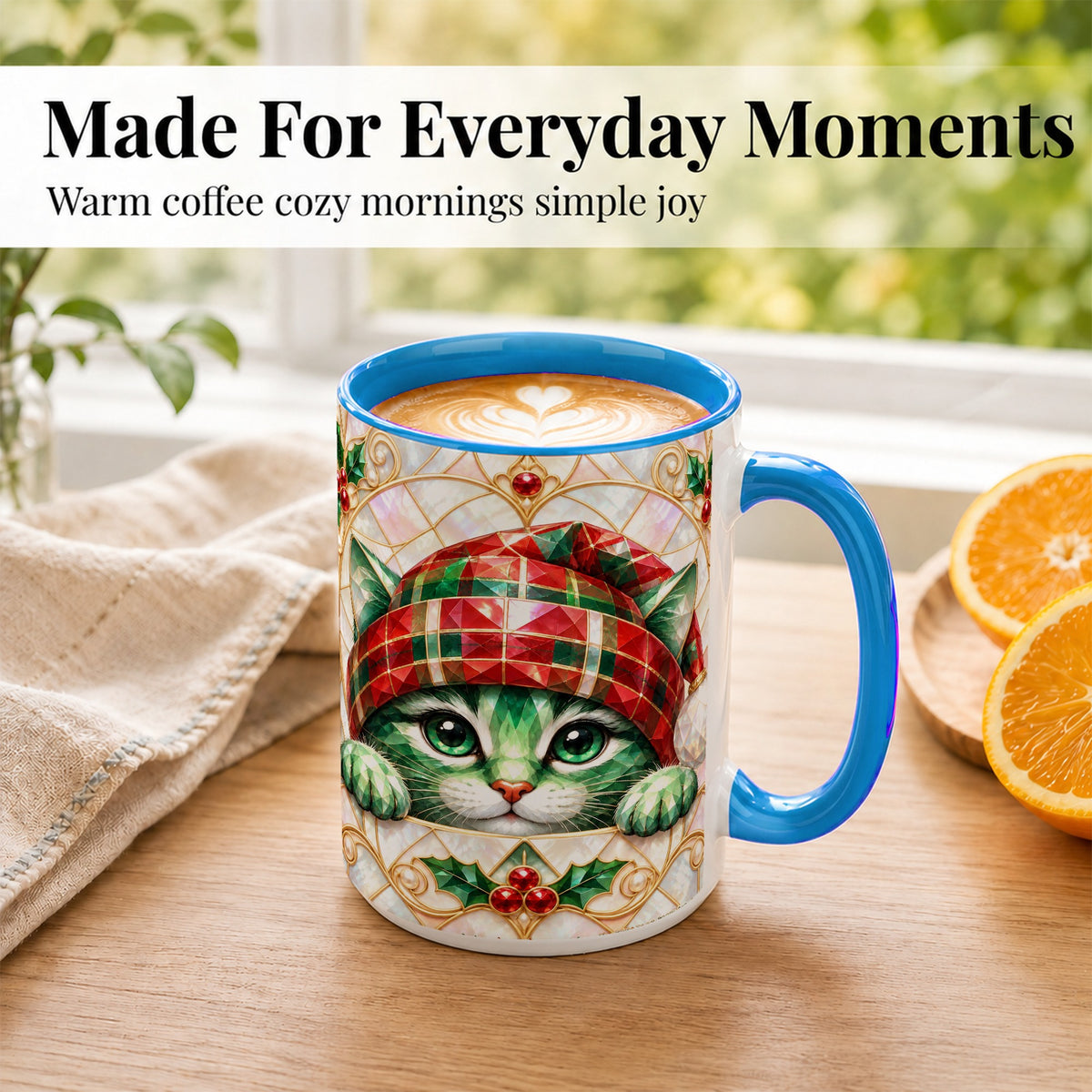 #pl[15oz|Blue] Christmas Cat Coffee Mug, Plaid Hat Mug, Ceramic Cup