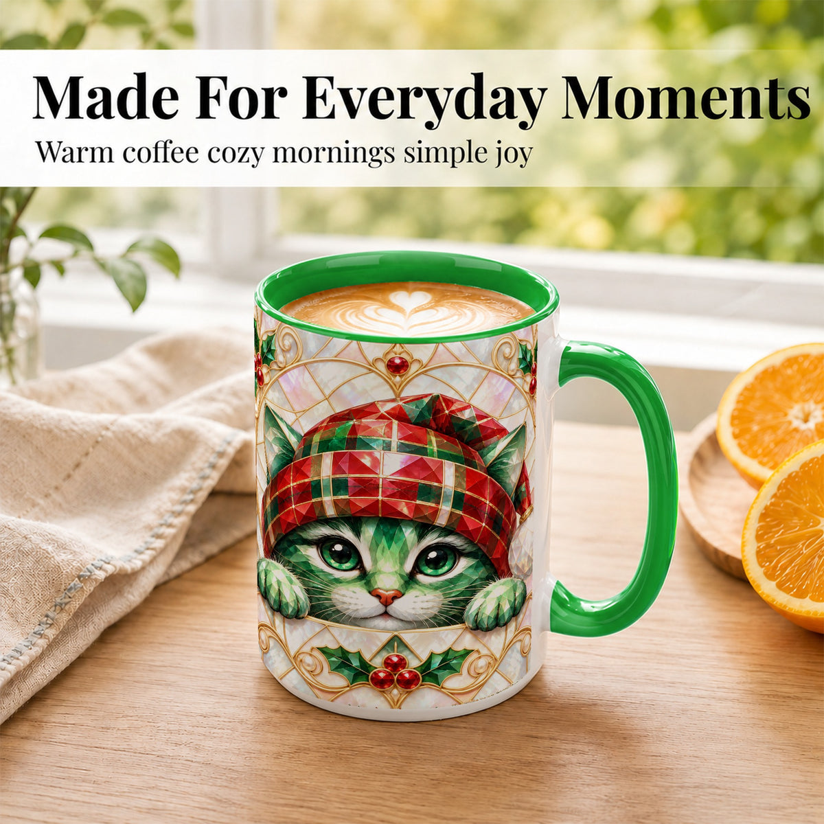#pl[15oz|Green] Christmas Cat Coffee Mug, Plaid Hat Mug, Ceramic Cup