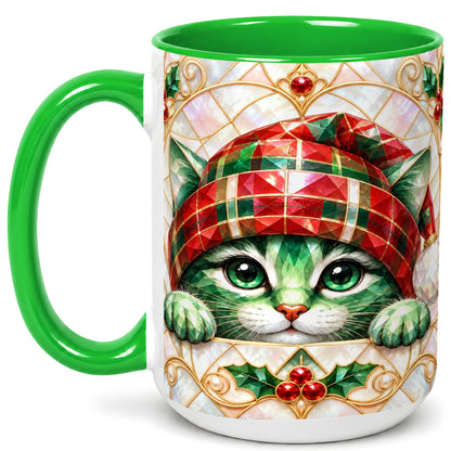 #pl[15oz|Green] Christmas Cat Coffee Mug, Plaid Hat Mug, Ceramic Cup