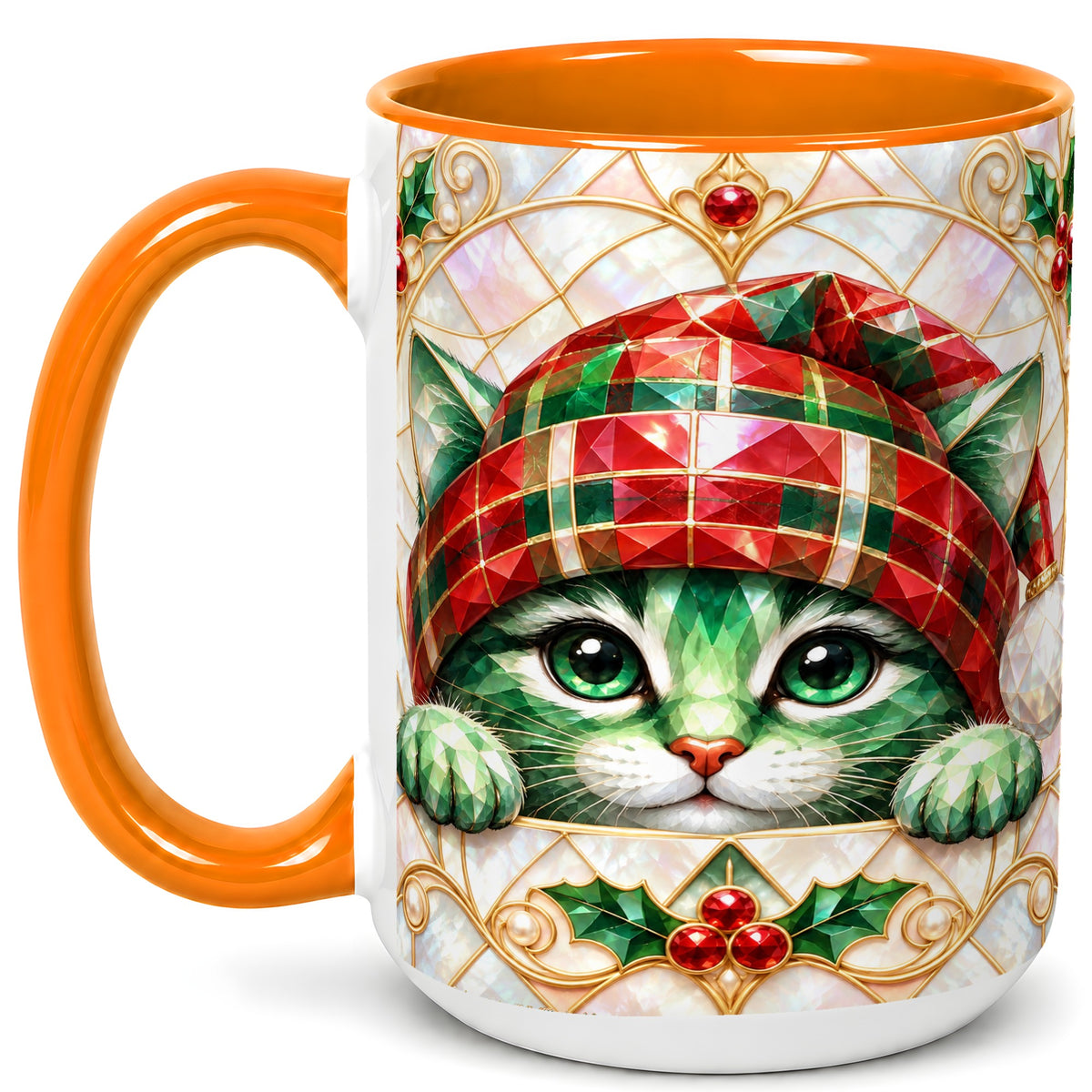#pl[15oz|Orange] Christmas Cat Coffee Mug, Plaid Hat Mug, Ceramic Cup