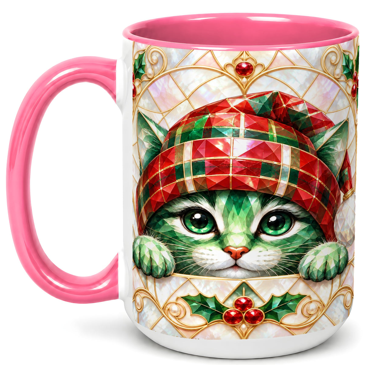 #pl[15oz|Pink] Christmas Cat Coffee Mug, Plaid Hat Mug, Ceramic Cup
