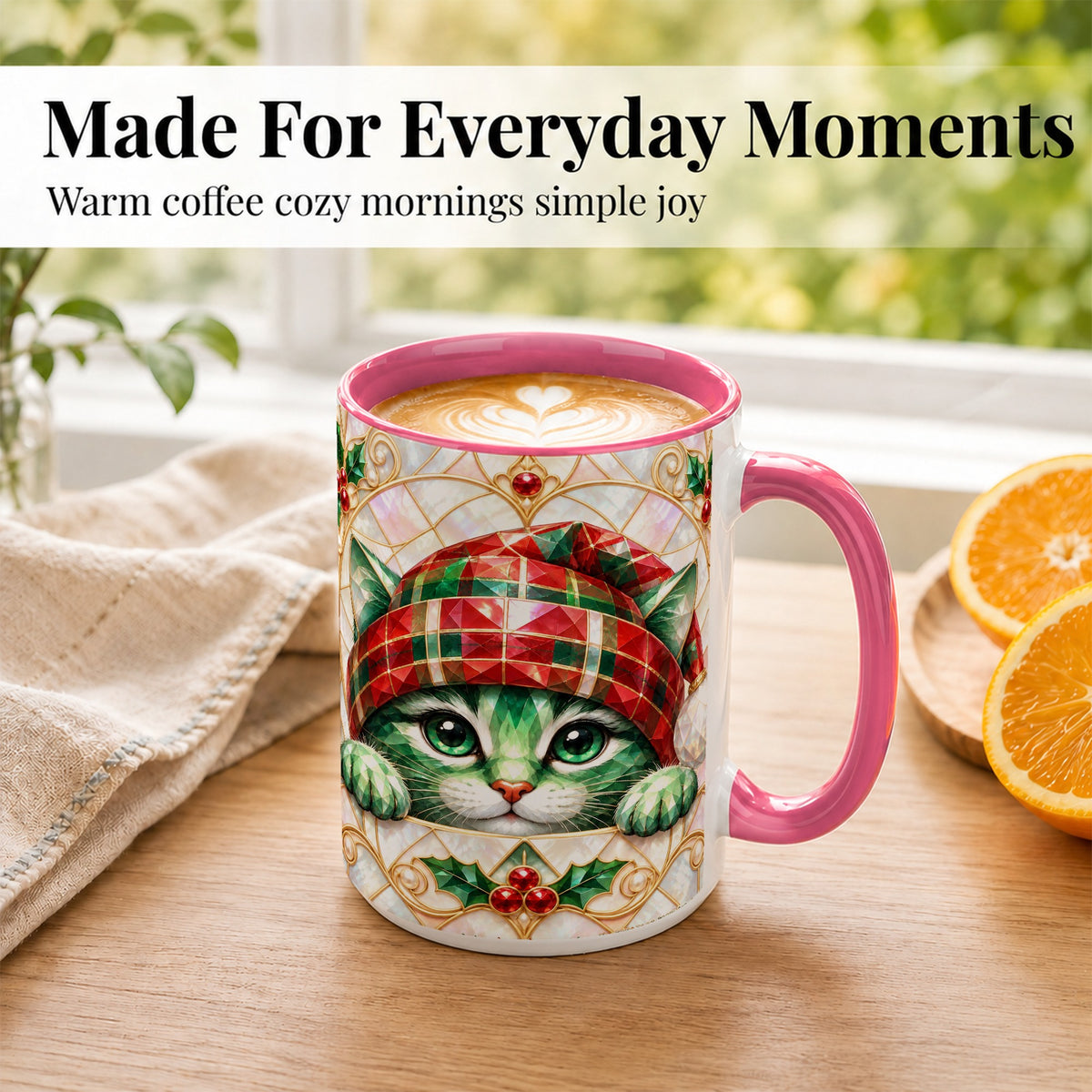 #pl[15oz|Pink] Christmas Cat Coffee Mug, Plaid Hat Mug, Ceramic Cup