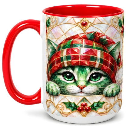 #pl[15oz|Red] Christmas Cat Coffee Mug, Plaid Hat Mug, Ceramic Cup