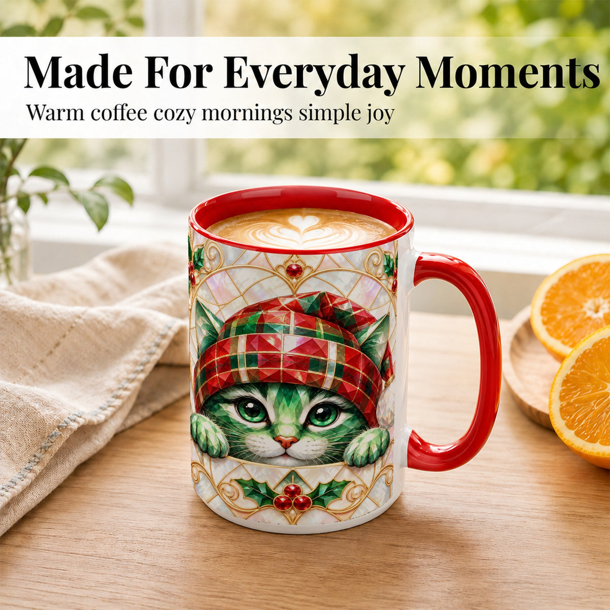 #pl[15oz|Red] Christmas Cat Coffee Mug, Plaid Hat Mug, Ceramic Cup