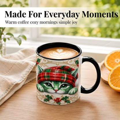 #pl[11oz|Black] Christmas Cat Coffee Mug, Tartan Hat Mug, Ceramic Cup