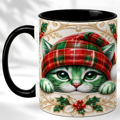 #pl[11oz|Black] Christmas Cat Coffee Mug, Tartan Hat Mug, Ceramic Cup