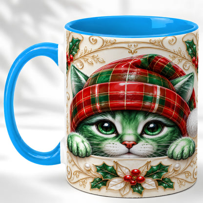#pl[11oz|Blue] Christmas Cat Coffee Mug, Tartan Hat Mug, Ceramic Cup