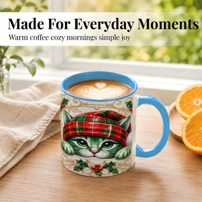 #pl[11oz|Blue] Christmas Cat Coffee Mug, Tartan Hat Mug, Ceramic Cup