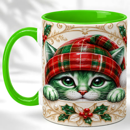 #pl[11oz|Green] Christmas Cat Coffee Mug, Tartan Hat Mug, Ceramic Cup
