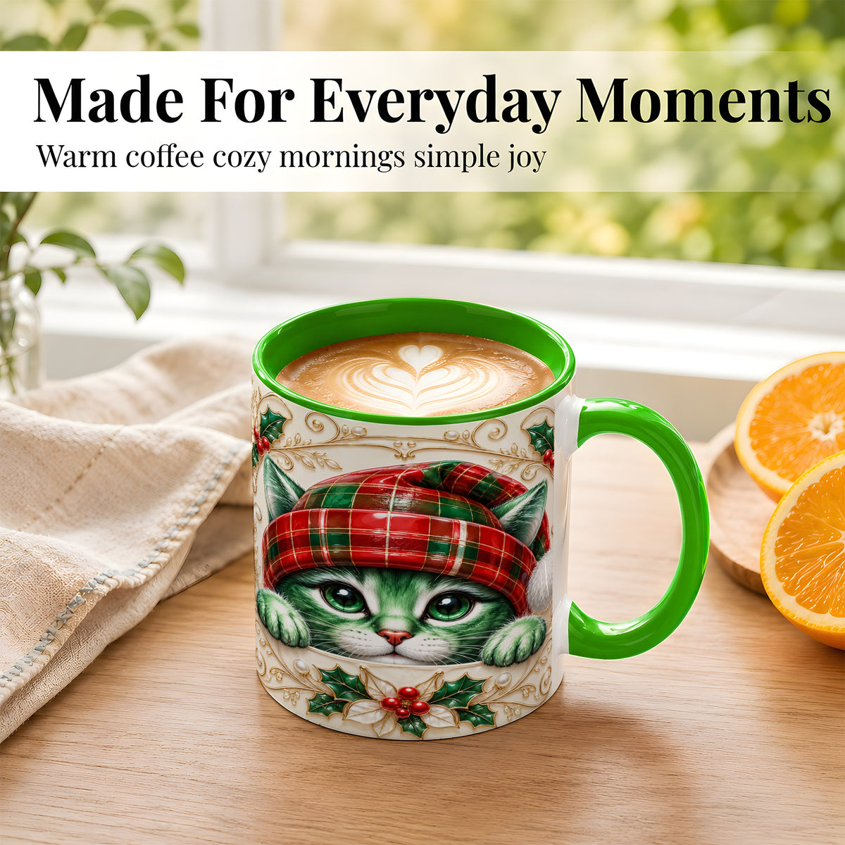 #pl[11oz|Green] Christmas Cat Coffee Mug, Tartan Hat Mug, Ceramic Cup