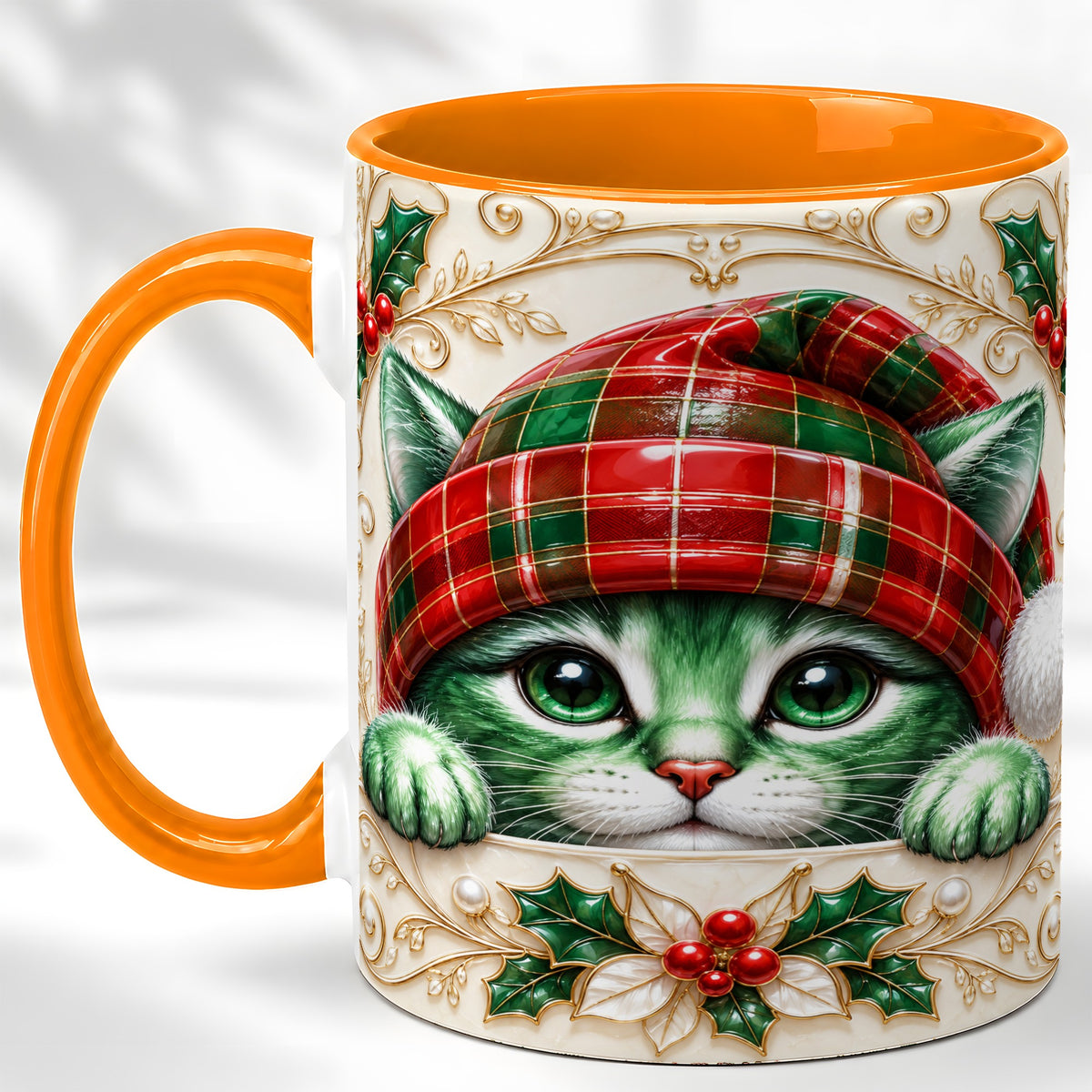#pl[11oz|Orange] Christmas Cat Coffee Mug, Tartan Hat Mug, Ceramic Cup