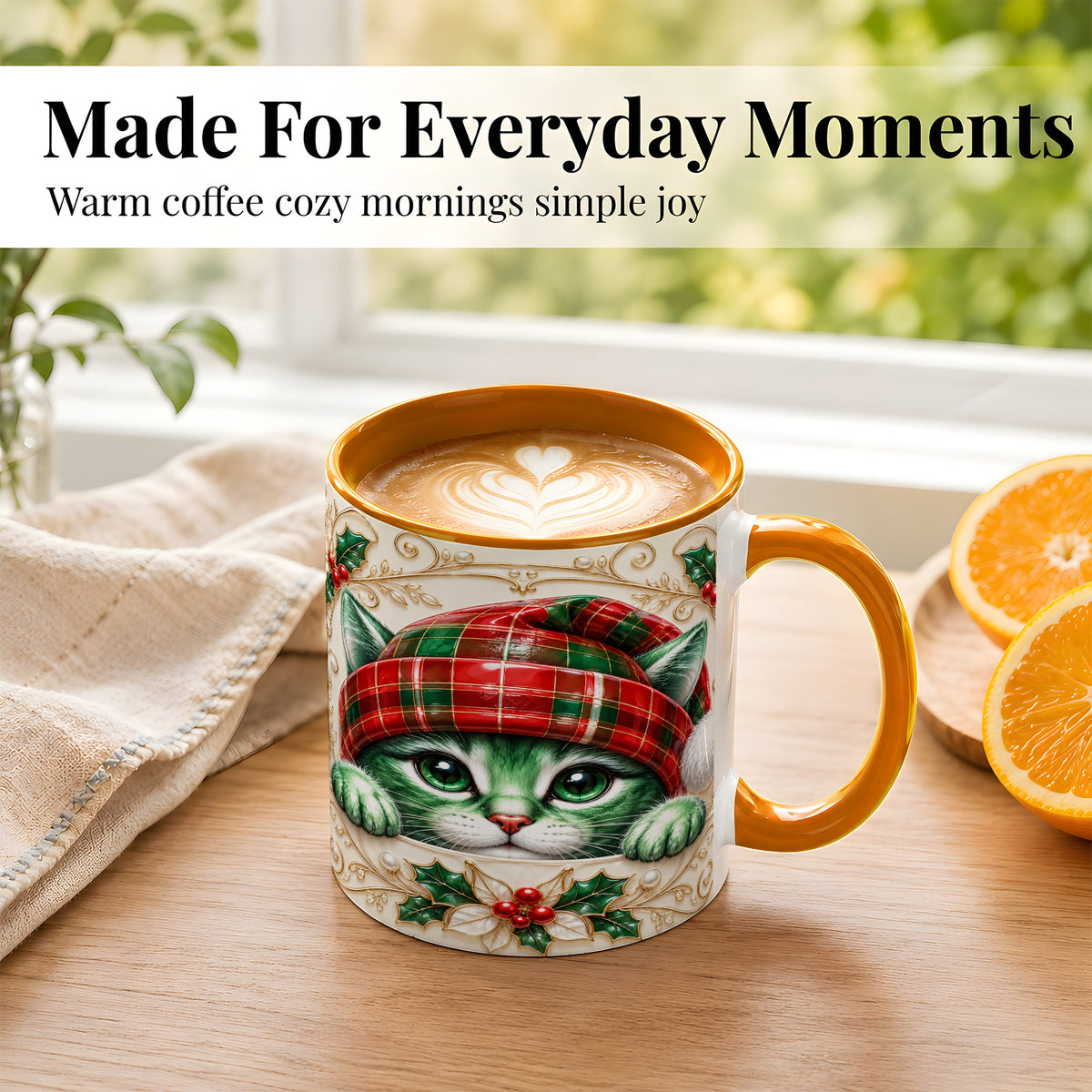 #pl[11oz|Orange] Christmas Cat Coffee Mug, Tartan Hat Mug, Ceramic Cup