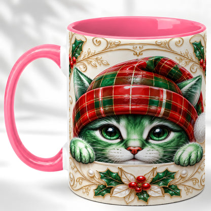 #pl[11oz|Pink] Christmas Cat Coffee Mug, Tartan Hat Mug, Ceramic Cup