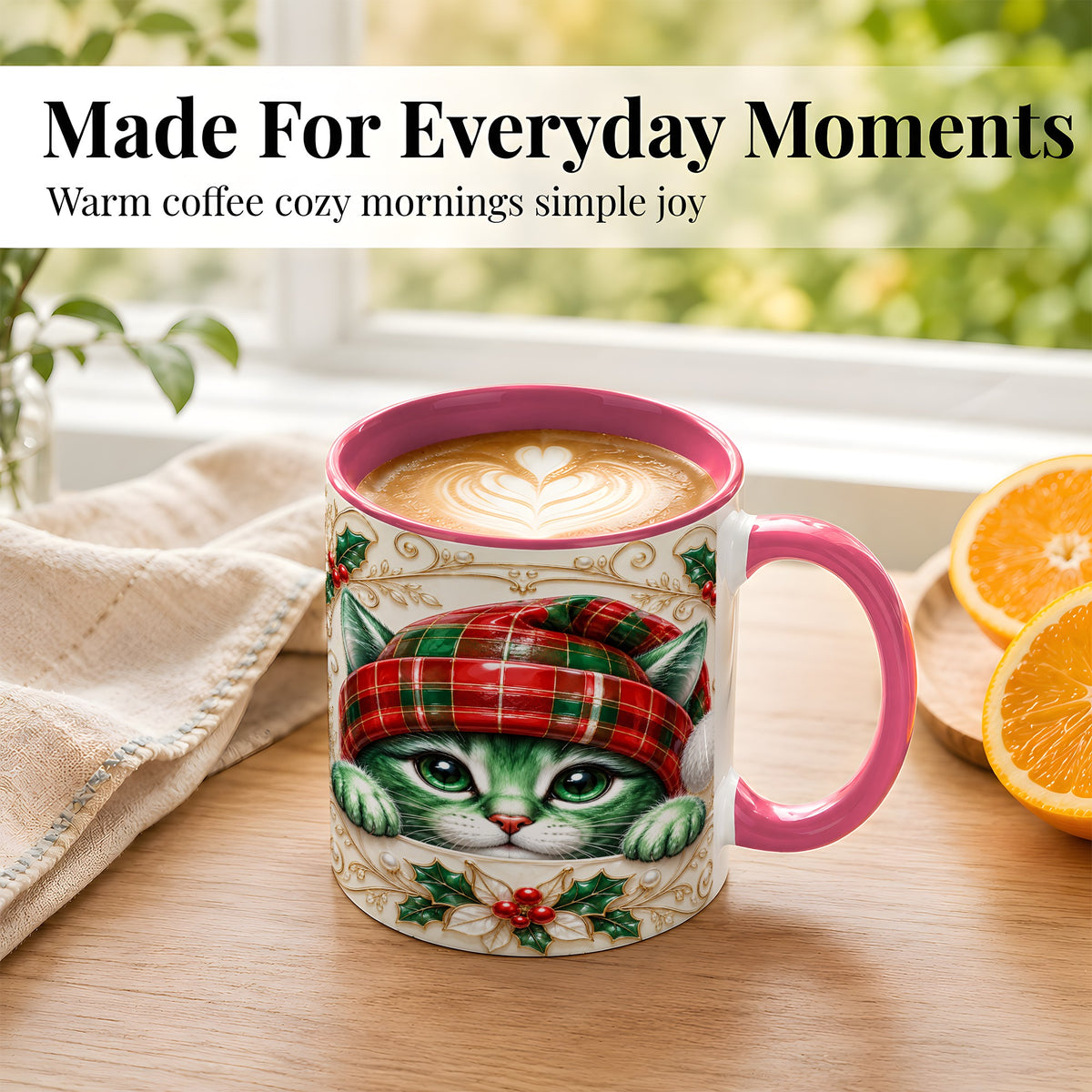 #pl[11oz|Pink] Christmas Cat Coffee Mug, Tartan Hat Mug, Ceramic Cup